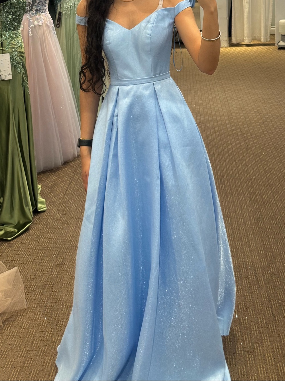 Shimmering Sky-Blue Off-Shoulder Ball Gown